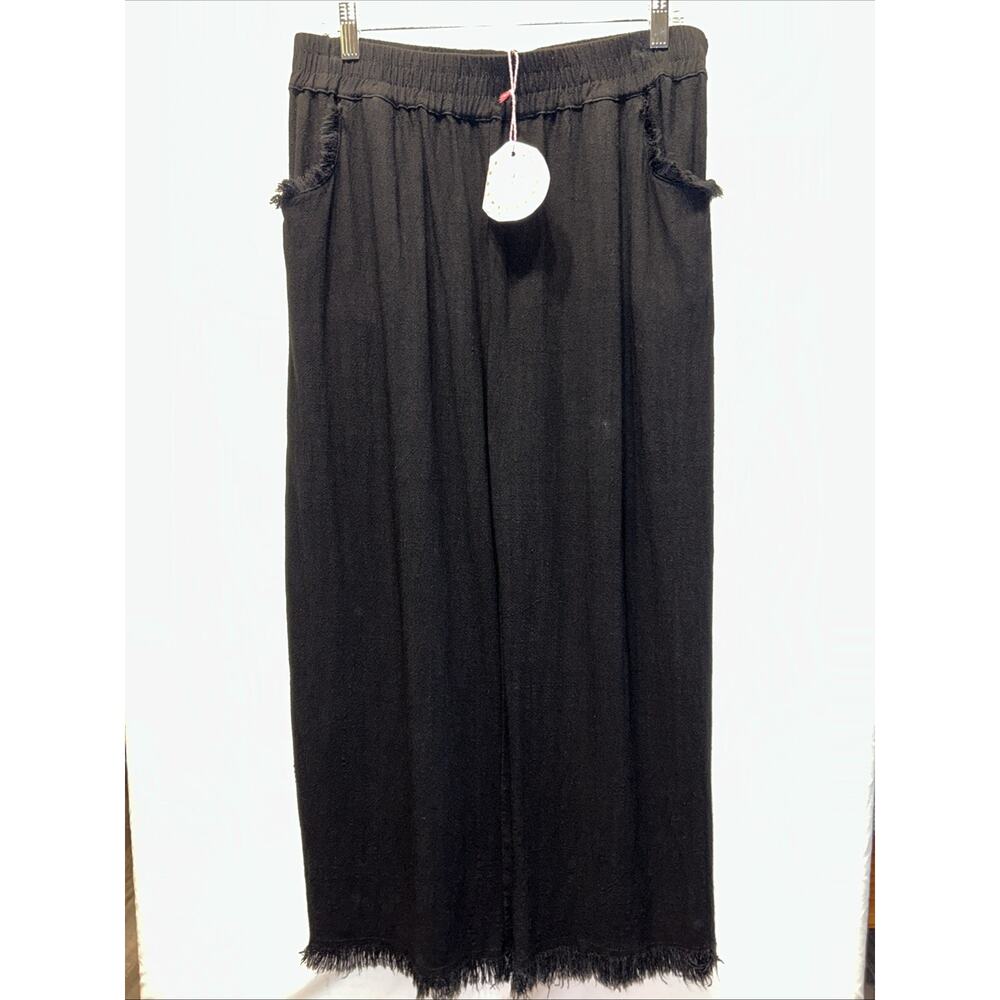NWT Umgee Women’s Large Wide Leg Raw Hem Boho Linen Pants Beach Cruise Comfort